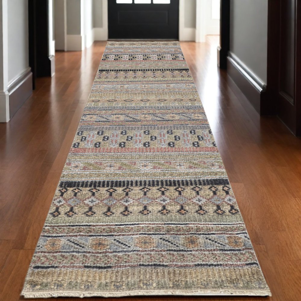 8' X 12' Tan Blue and Orange Striped Hand Knotted Area Rug