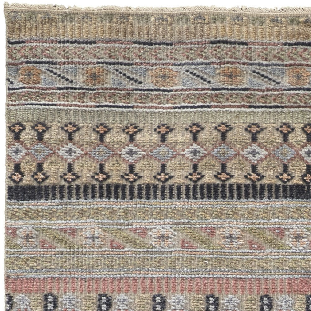 8' X 12' Tan Blue and Orange Striped Hand Knotted Area Rug