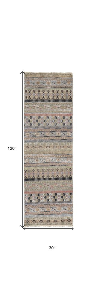 8' X 12' Tan Blue and Orange Striped Hand Knotted Area Rug