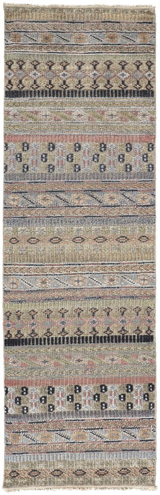8' X 12' Tan Blue and Orange Striped Hand Knotted Area Rug