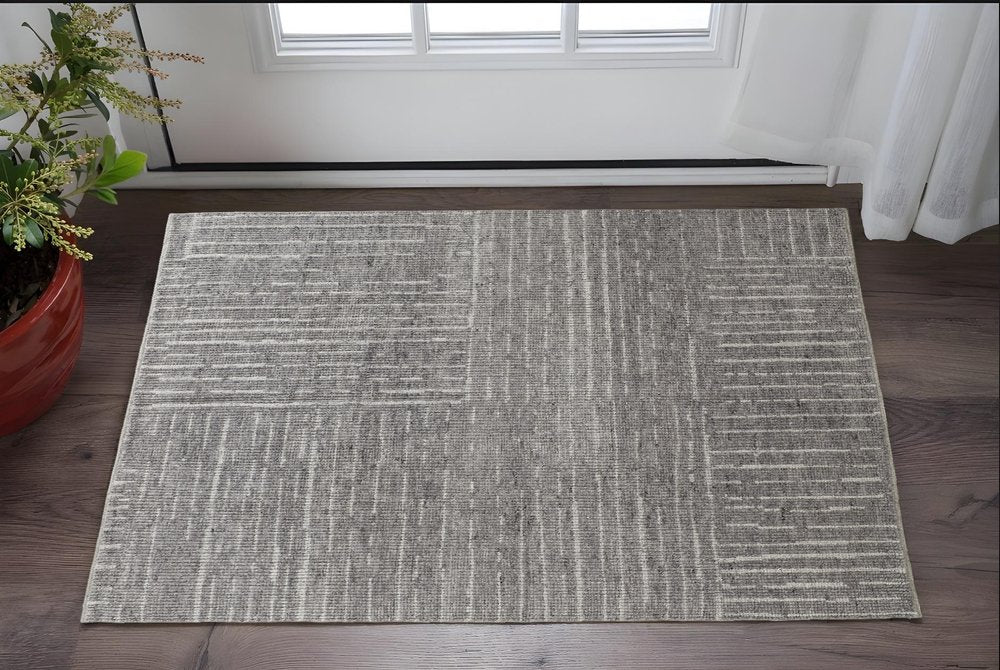 4' X 6' Gray and Ivory Wool Checkered Hand Knotted Worn Faded Area Rug