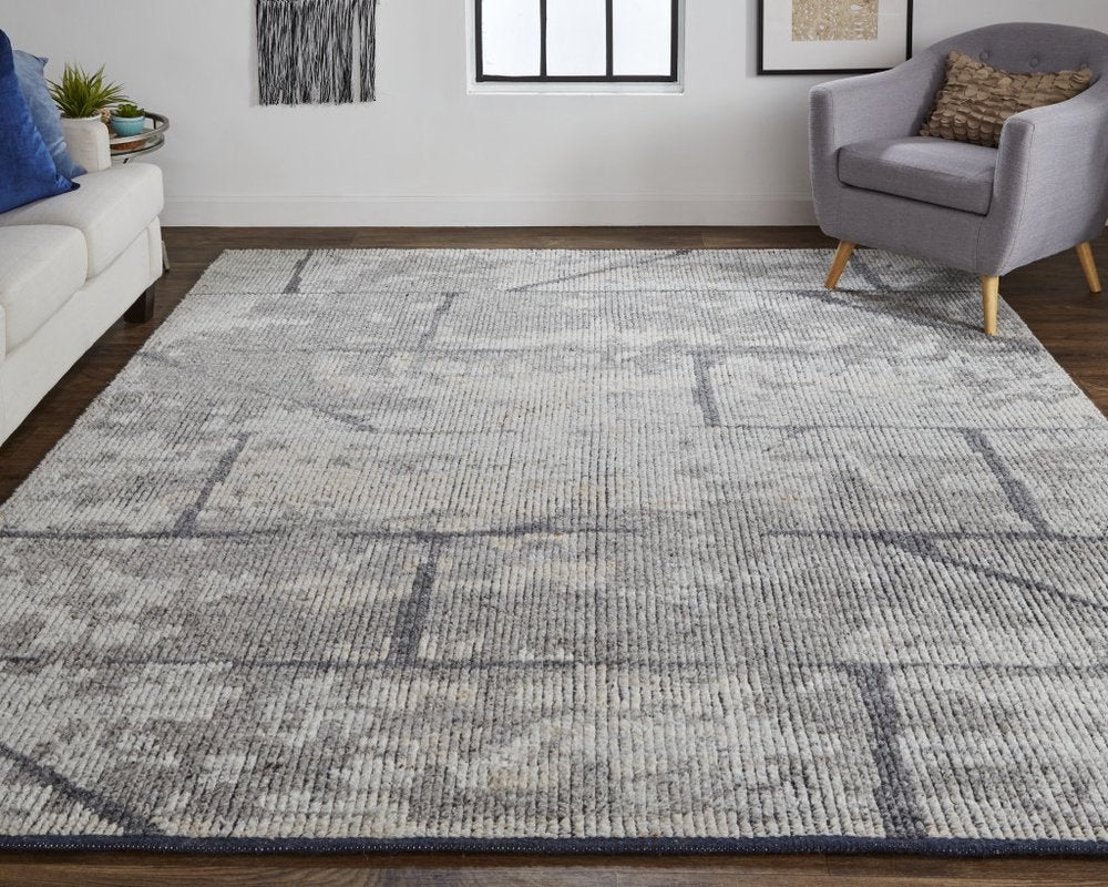 4' X 6' Gray and Silver Wool Abstract Hand Knotted Worn Faded Area Rug