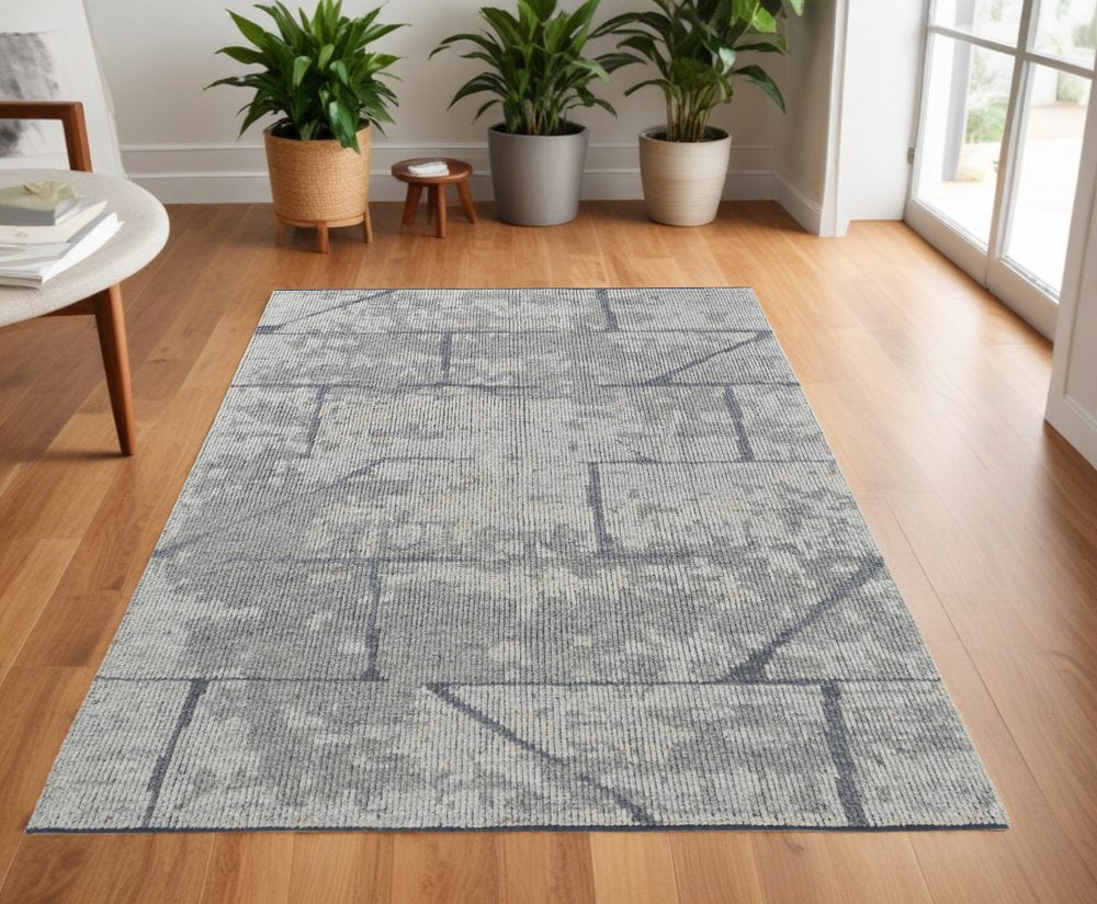4' X 6' Gray and Silver Wool Abstract Hand Knotted Worn Faded Area Rug