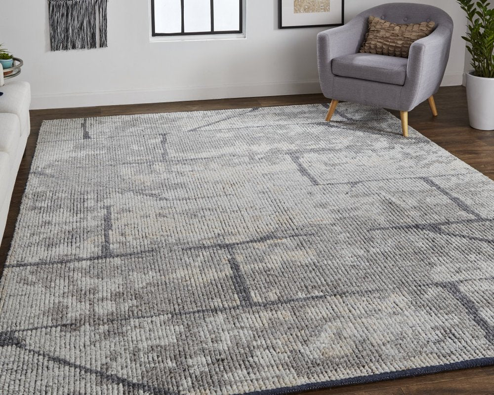 4' X 6' Gray and Silver Wool Abstract Hand Knotted Worn Faded Area Rug