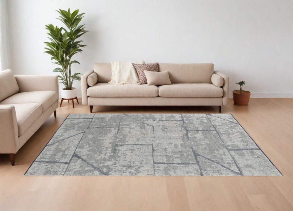 4' X 6' Gray and Silver Wool Abstract Hand Knotted Worn Faded Area Rug