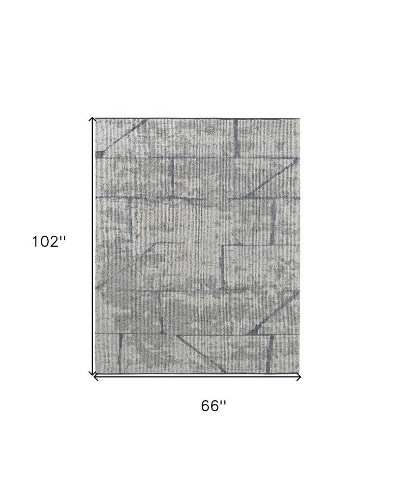 4' X 6' Gray and Silver Wool Abstract Hand Knotted Worn Faded Area Rug