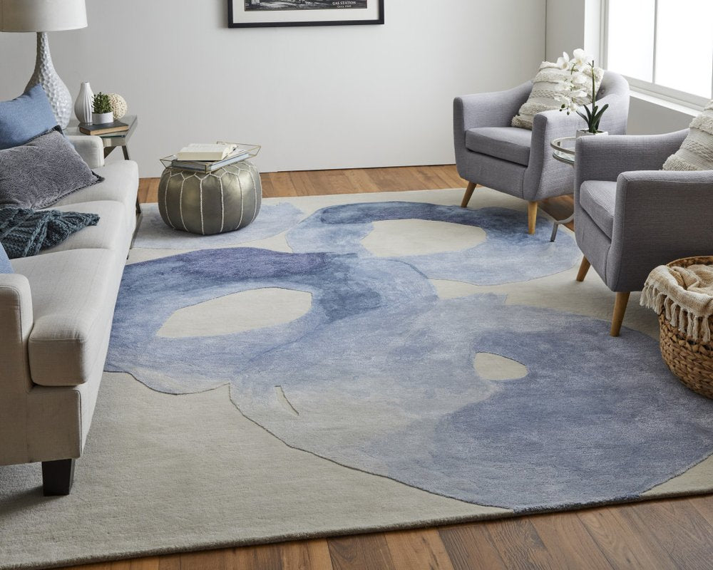 4' X 6' Blue and Ivory Abstract Hand Tufted Area Rug
