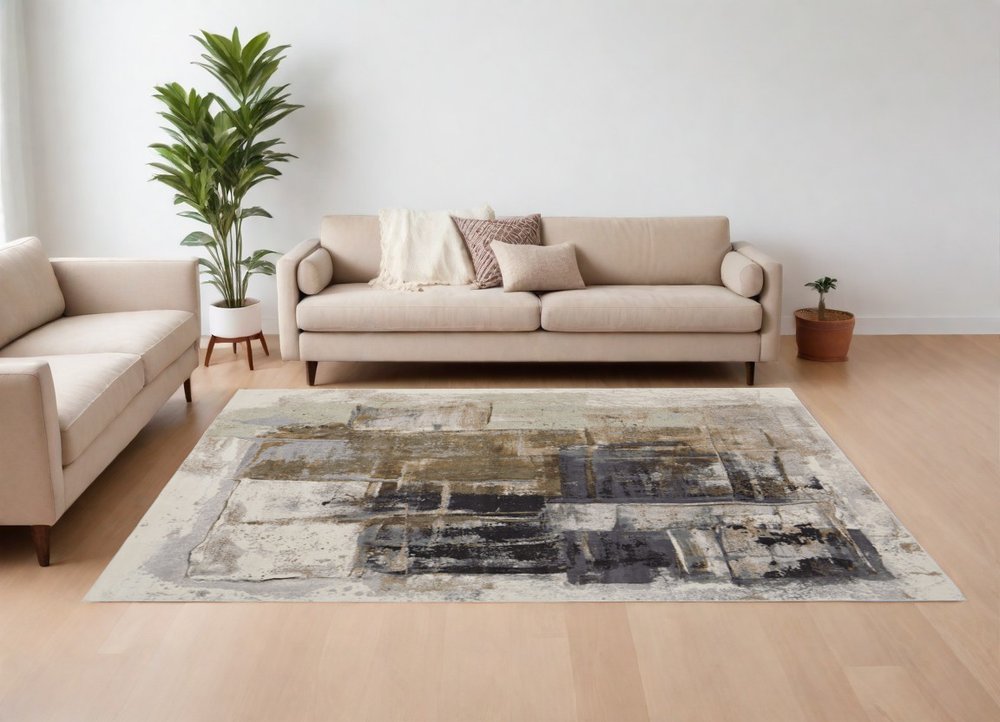 10' X 13' Gray Black and Brown Abstract Power Loom Area Rug