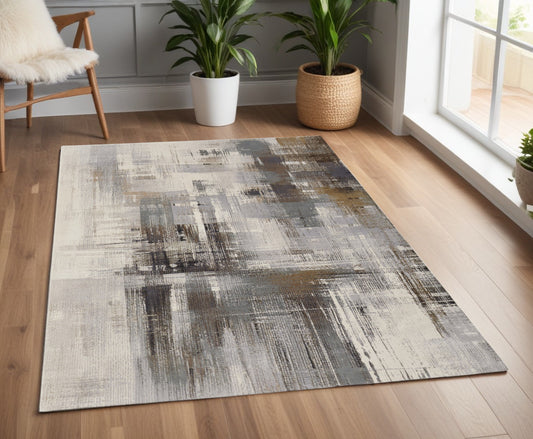 4' X 6' Ivory Gray and Brown Abstract Power Loom Area Rug