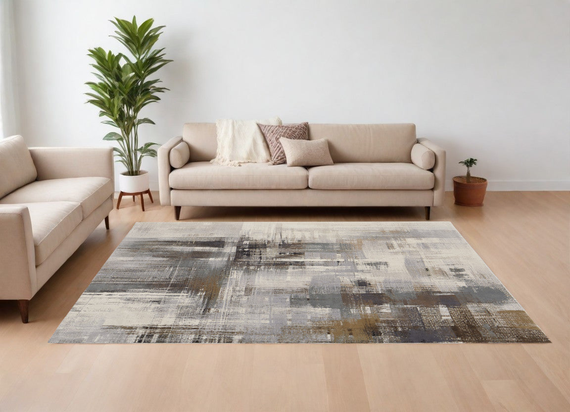 4' X 6' Ivory Gray and Brown Abstract Power Loom Area Rug