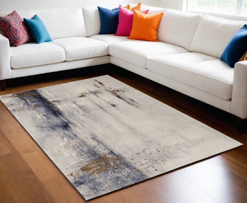 4' X 6' Ivory Blue and Brown Abstract Power Loom Area Rug