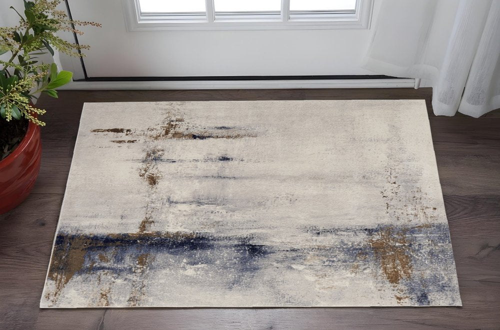 4' X 6' Ivory Blue and Brown Abstract Power Loom Area Rug