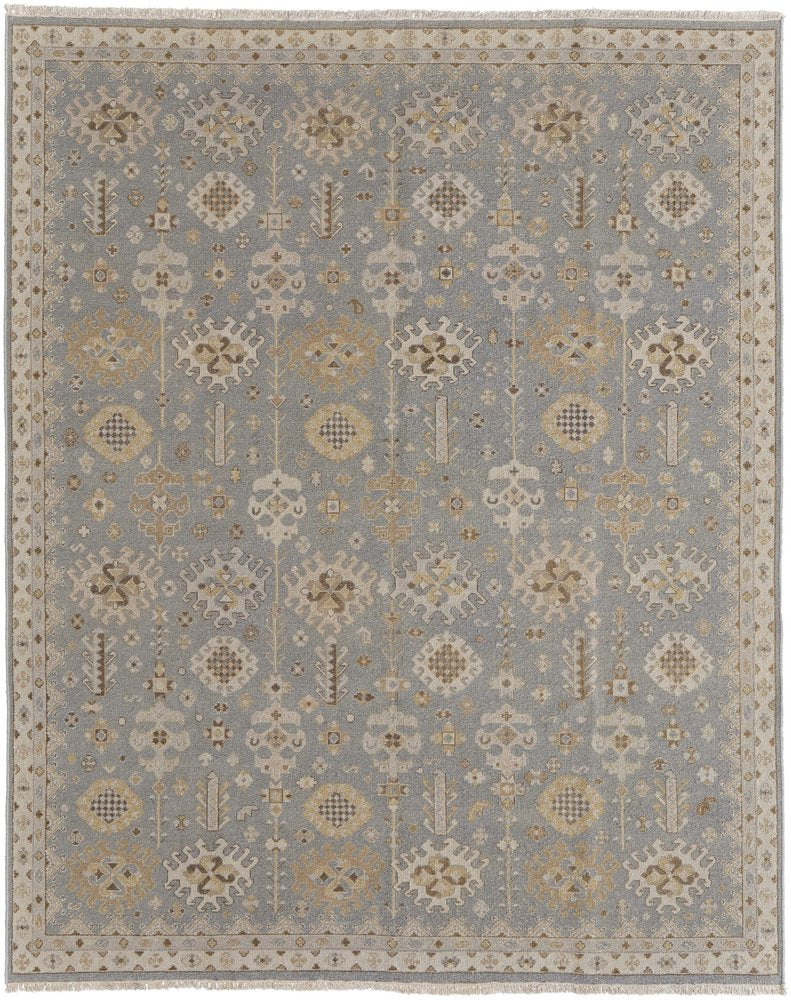 6' X 9' Gray and Ivory Wool Oriental Hand Knotted Area Rug With Fringe