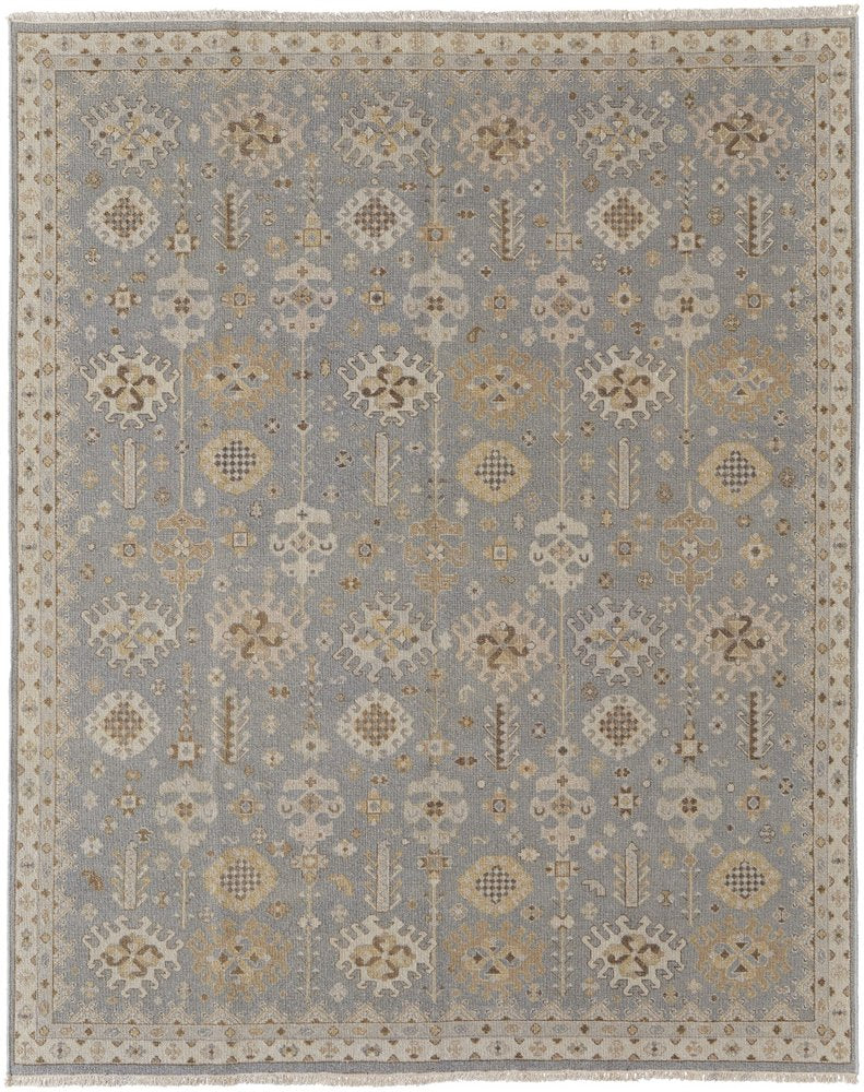 6' X 9' Gray and Ivory Wool Oriental Hand Knotted Area Rug With Fringe
