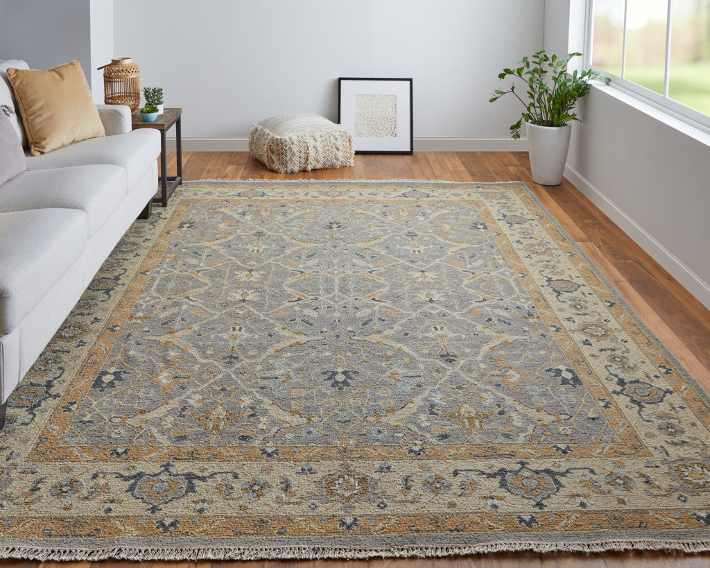 4' X 6' Ivory Gray and Tan Wool Oriental Hand Knotted Area Rug With Fringe