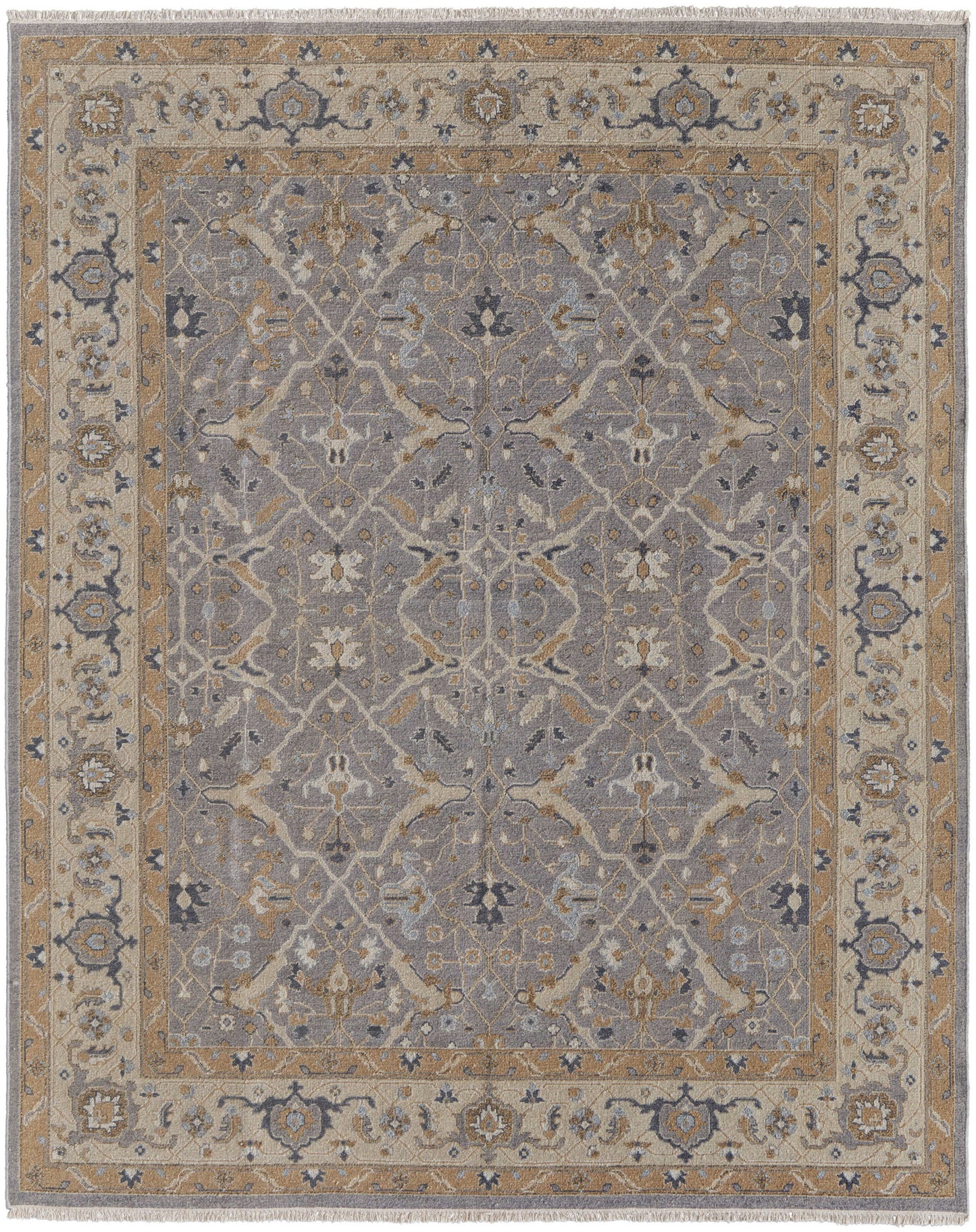 4' X 6' Ivory Gray and Tan Wool Oriental Hand Knotted Area Rug With Fringe