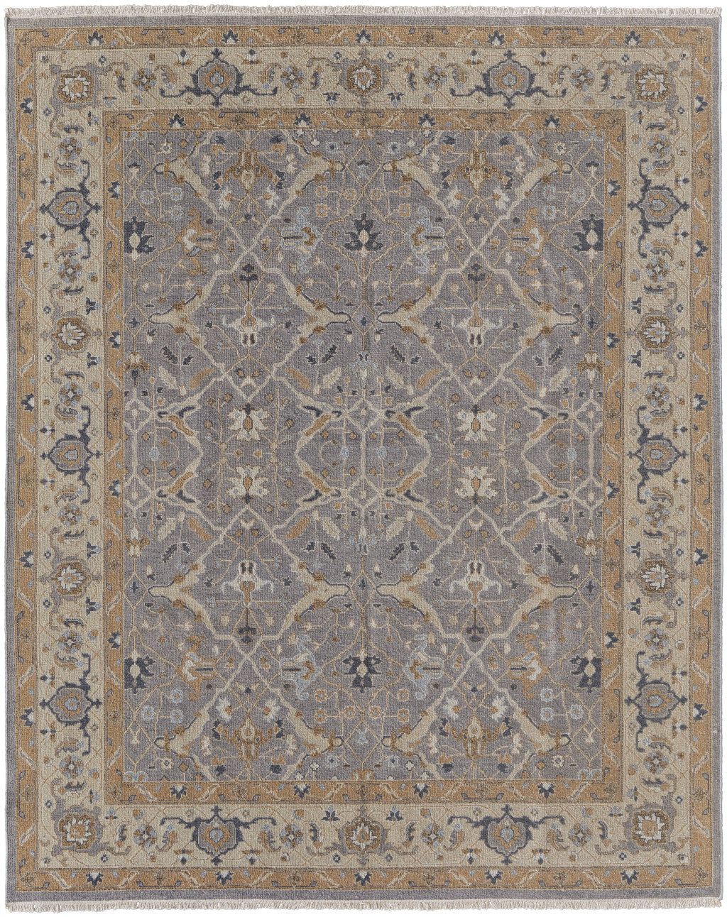 4' X 6' Ivory Gray and Tan Wool Oriental Hand Knotted Area Rug With Fringe