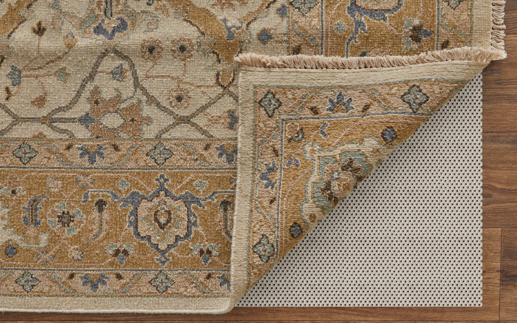 4' X 6' Ivory Gray and Tan Wool Oriental Hand Knotted Area Rug With Fringe