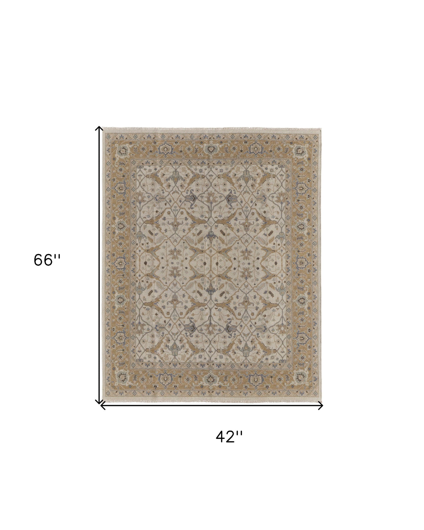 4' X 6' Ivory Gray and Tan Wool Oriental Hand Knotted Area Rug With Fringe