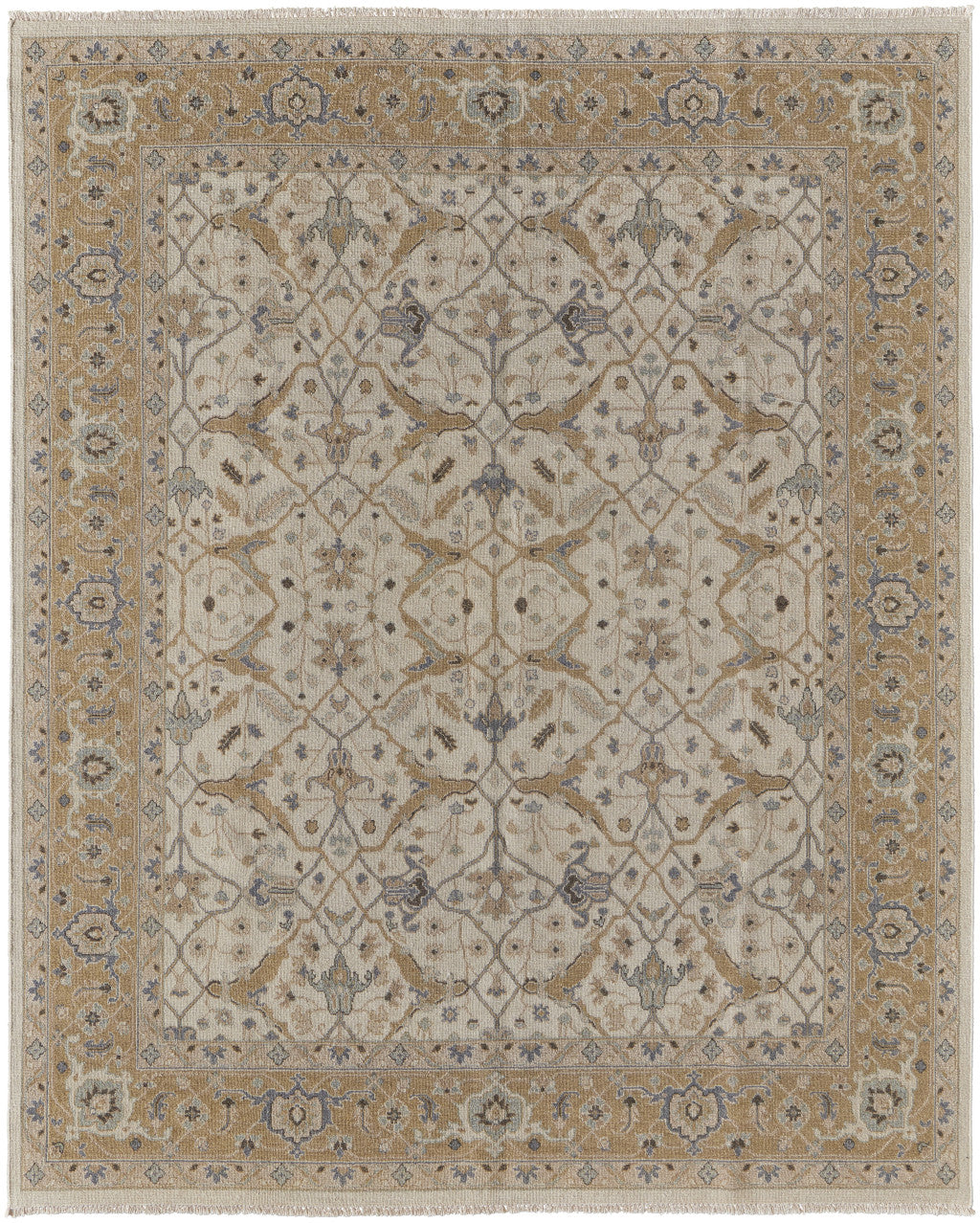 4' X 6' Ivory Gray and Tan Wool Oriental Hand Knotted Area Rug With Fringe