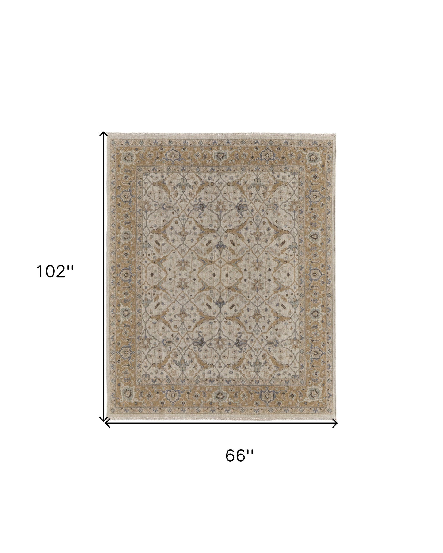 4' X 6' Ivory Gray and Tan Wool Oriental Hand Knotted Area Rug With Fringe