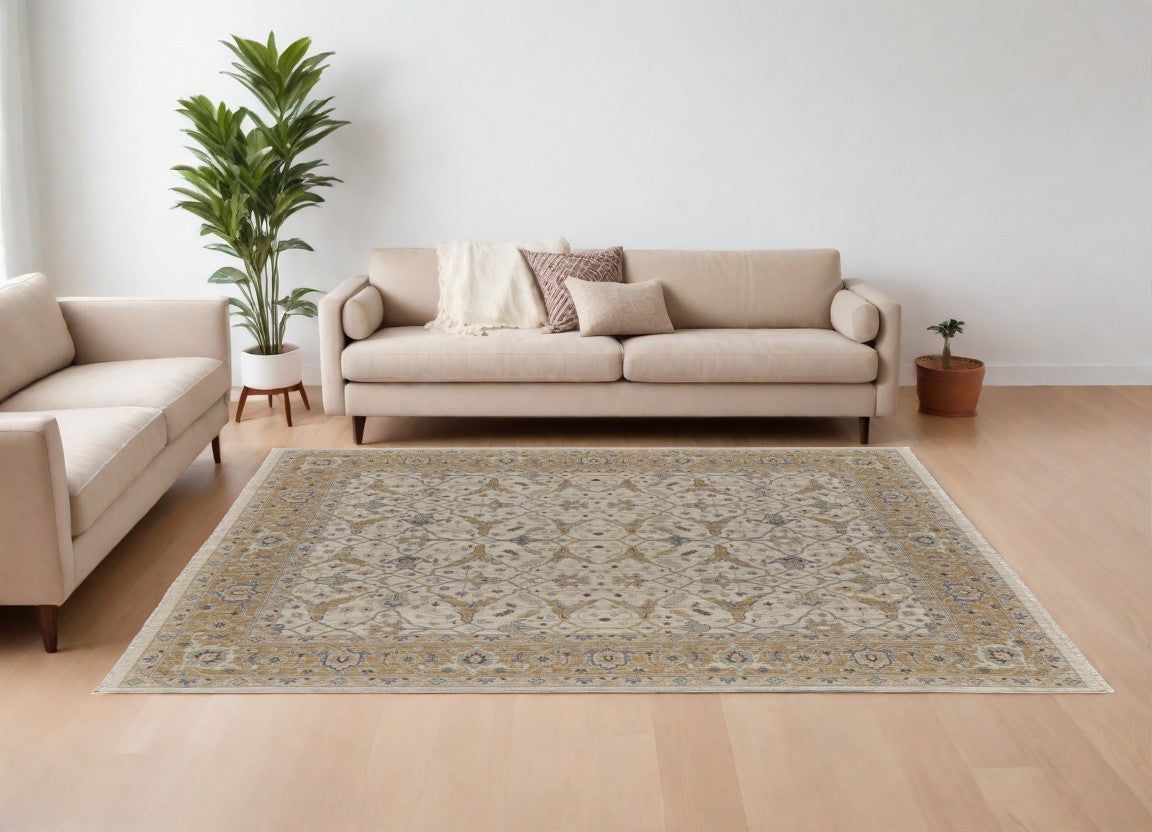 4' X 6' Ivory Gray and Tan Wool Oriental Hand Knotted Area Rug With Fringe