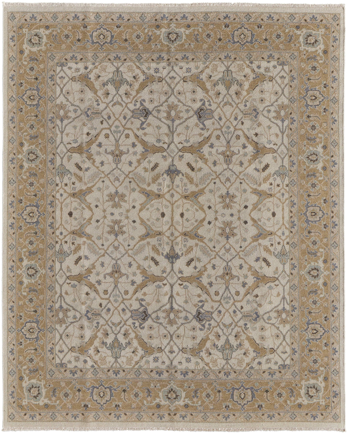 4' X 6' Ivory Gray and Tan Wool Oriental Hand Knotted Area Rug With Fringe
