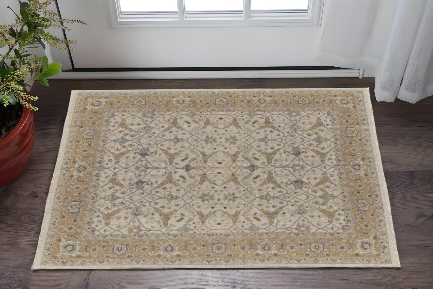 4' X 6' Ivory Gray and Tan Wool Oriental Hand Knotted Area Rug With Fringe
