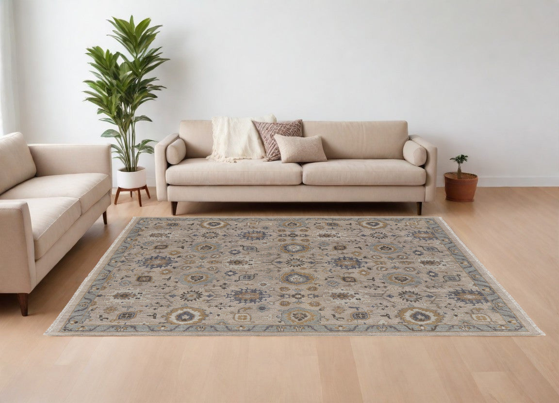 4' X 6' Tan Brown and Gray Wool Oriental Hand Knotted Area Rug With Fringe