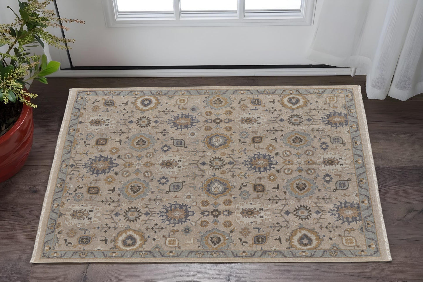 4' X 6' Tan Brown and Gray Wool Oriental Hand Knotted Area Rug With Fringe