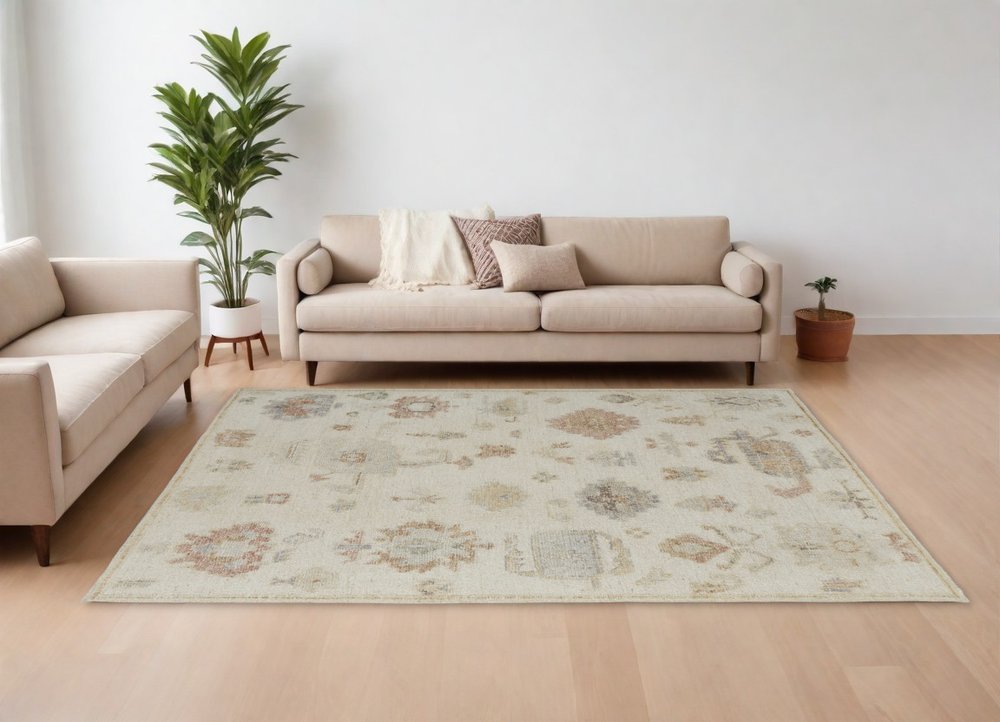 6' X 9' Ivory Tan and Gray Wool Floral Hand Knotted Area Rug
