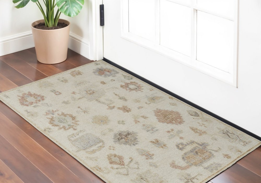 6' X 9' Ivory Tan and Gray Wool Floral Hand Knotted Area Rug