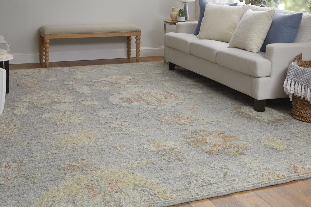 4' X 6' Gray and Blue Wool Floral Hand Knotted Area Rug