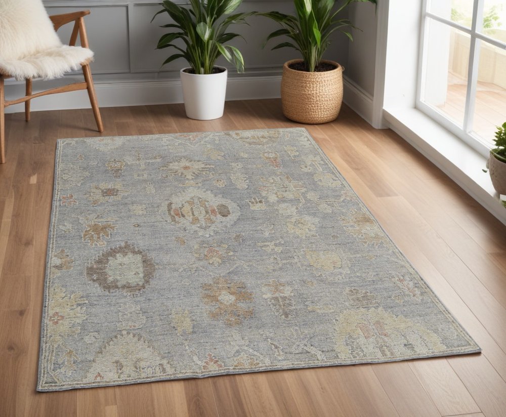 4' X 6' Gray and Blue Wool Floral Hand Knotted Area Rug