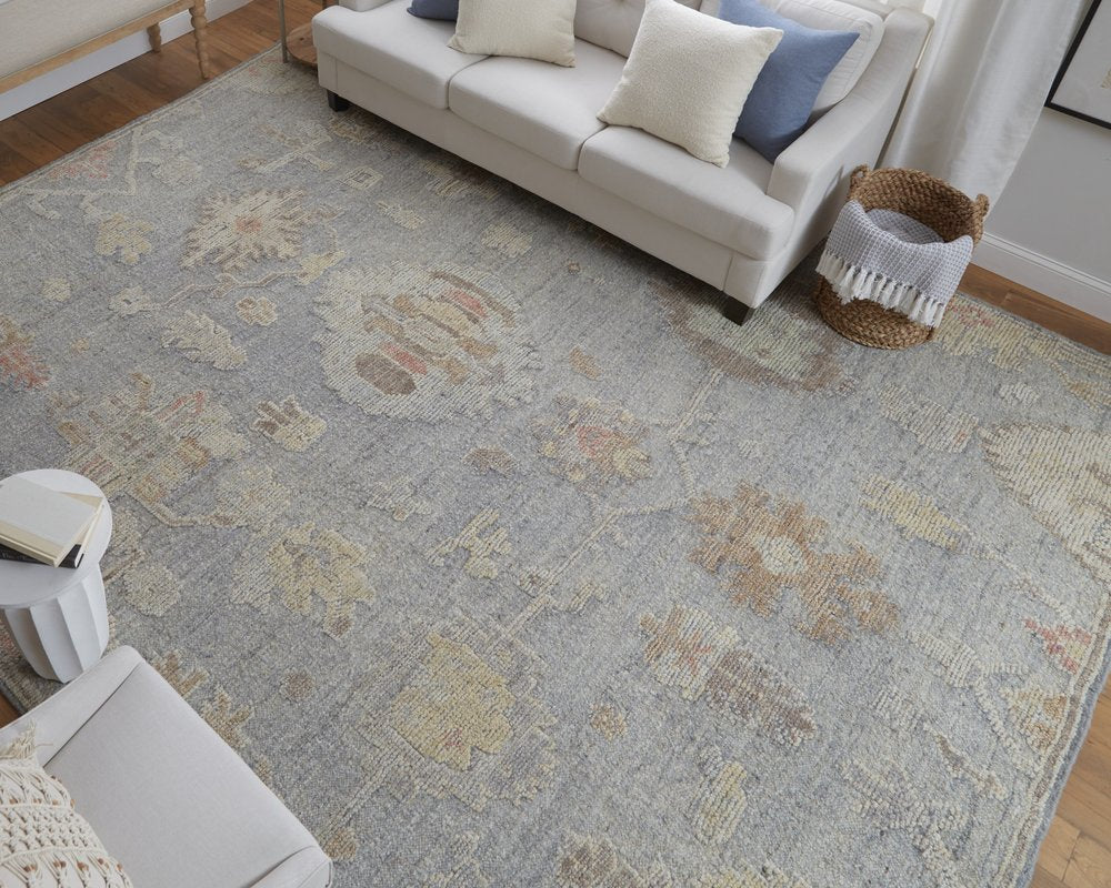4' X 6' Gray and Blue Wool Floral Hand Knotted Area Rug