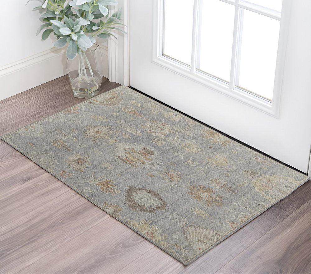 4' X 6' Gray and Blue Wool Floral Hand Knotted Area Rug