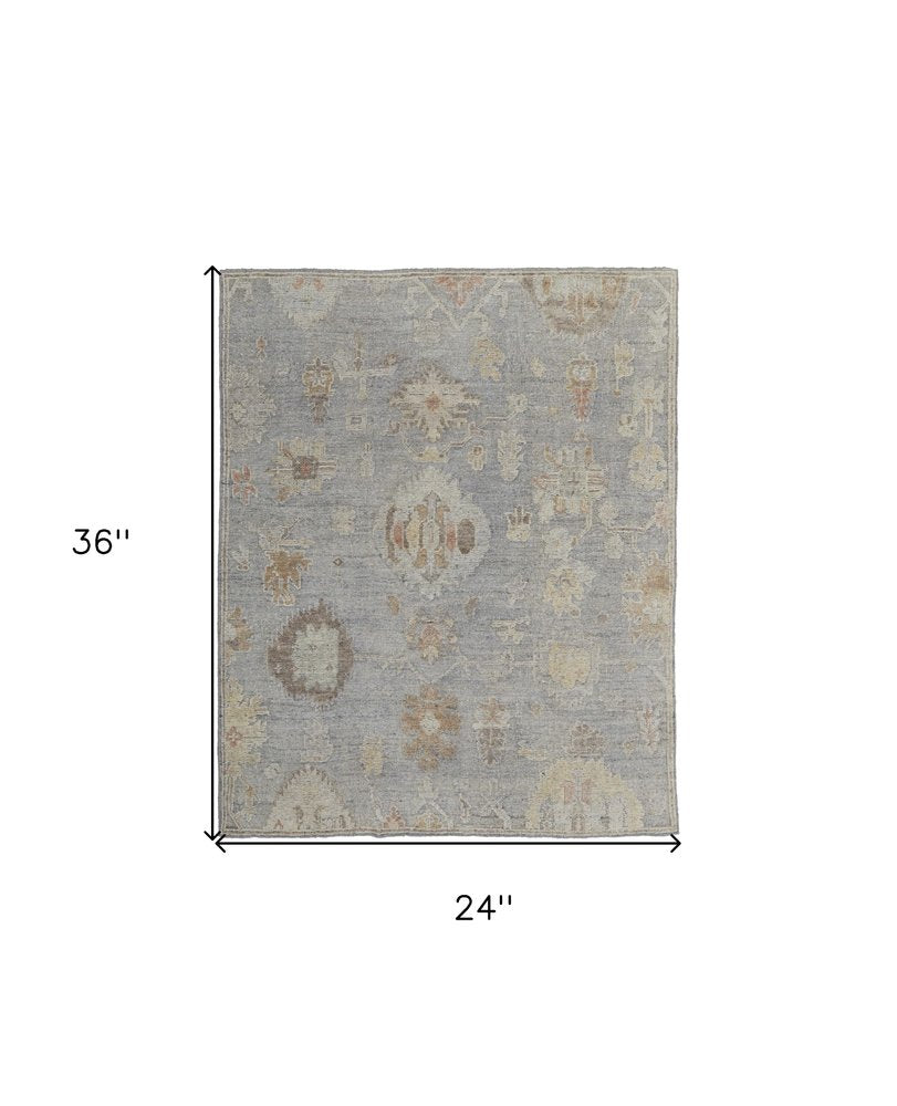 4' X 6' Gray and Blue Wool Floral Hand Knotted Area Rug