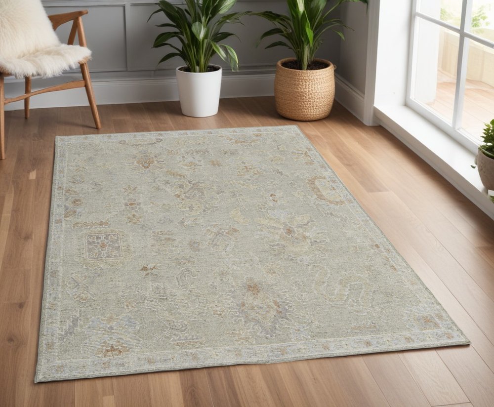 4' X 6' Gray and Brown Wool Floral Hand Knotted Area Rug