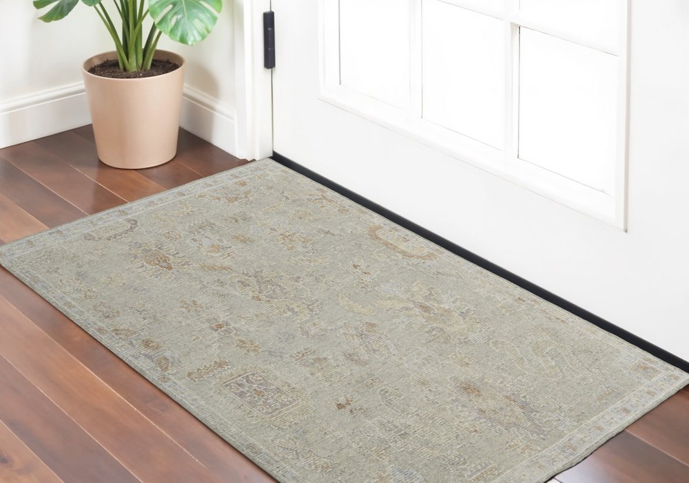 4' X 6' Gray and Brown Wool Floral Hand Knotted Area Rug
