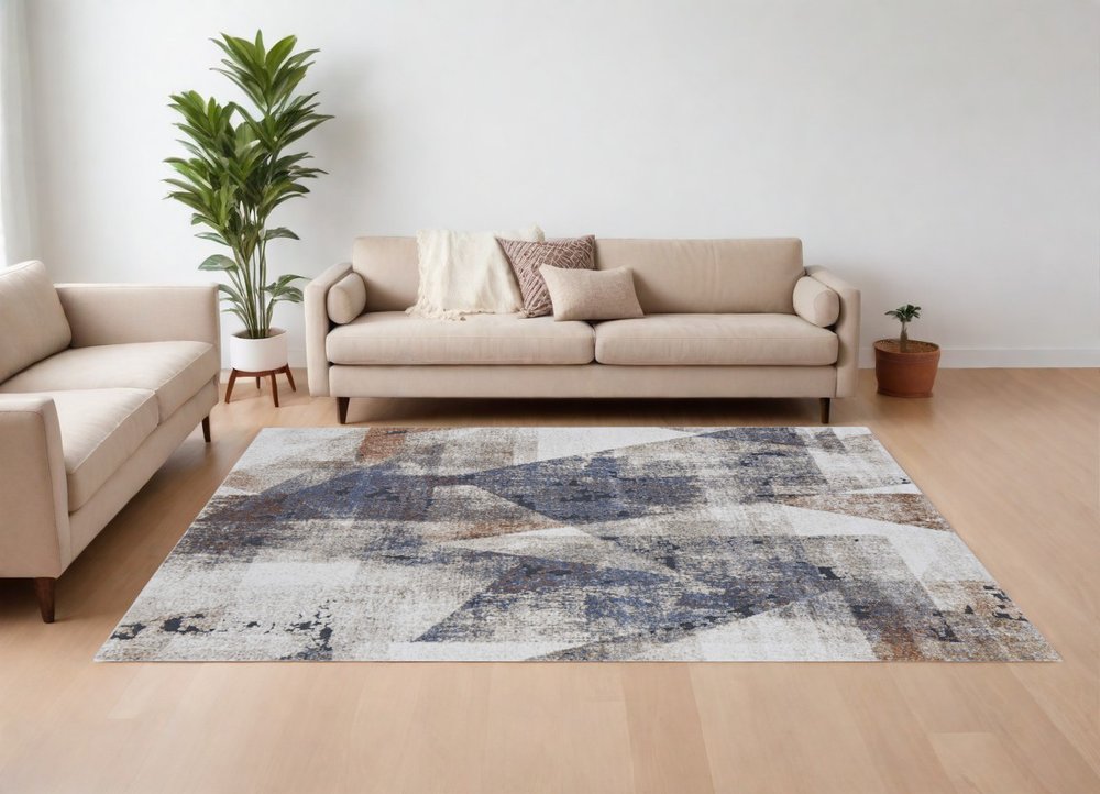 5' X 8' Gray Blue and Ivory Checkered Power Loom Area Rug