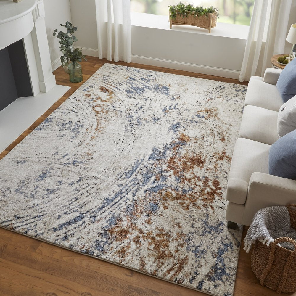 5' X 8' Ivory Blue and Brown Abstract Power Loom Area Rug
