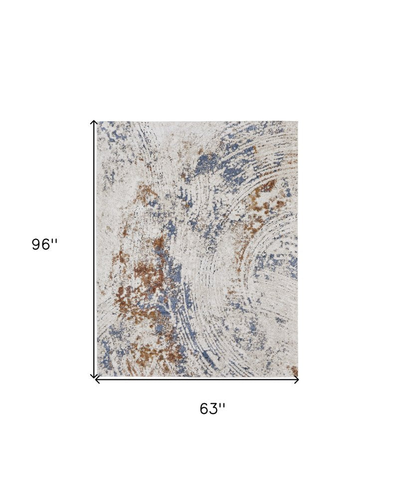 5' X 8' Ivory Blue and Brown Abstract Power Loom Area Rug