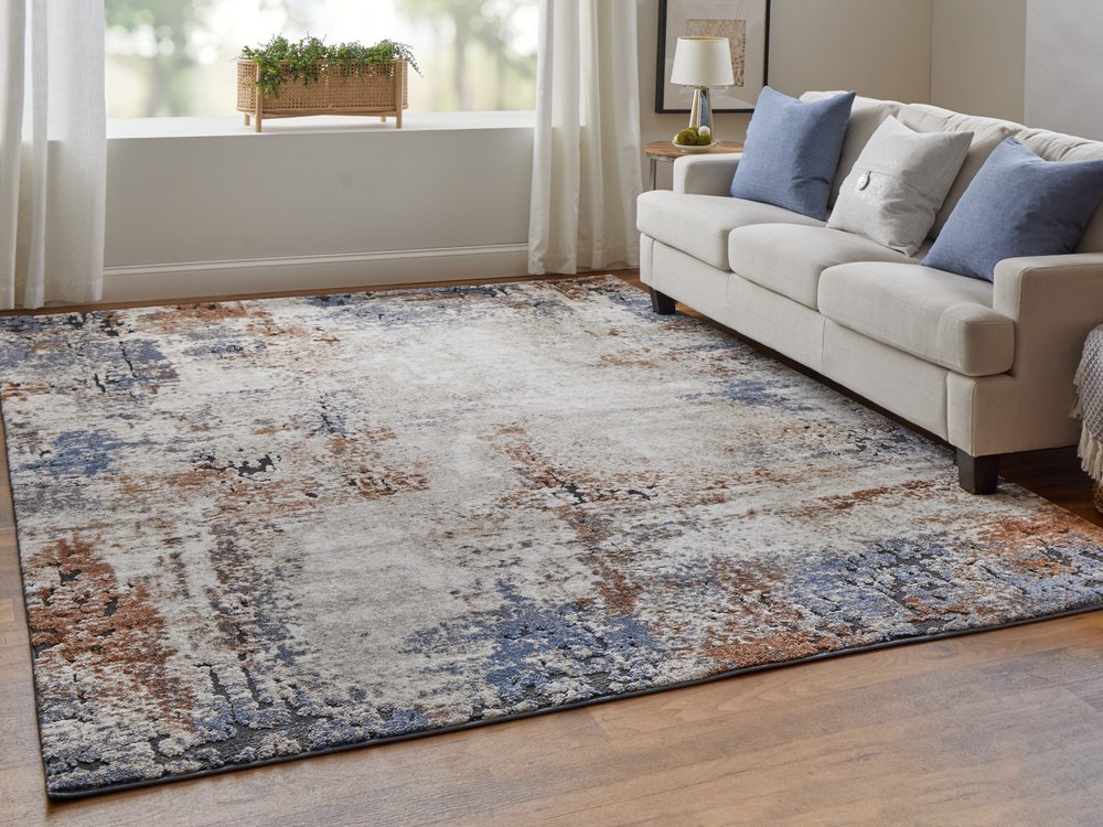 5' X 8' Blue Gray and Brown Abstract Power Loom Worn Faded Area Rug