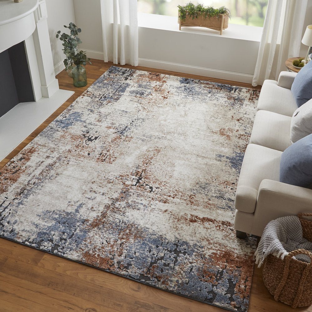 5' X 8' Blue Gray and Brown Abstract Power Loom Worn Faded Area Rug