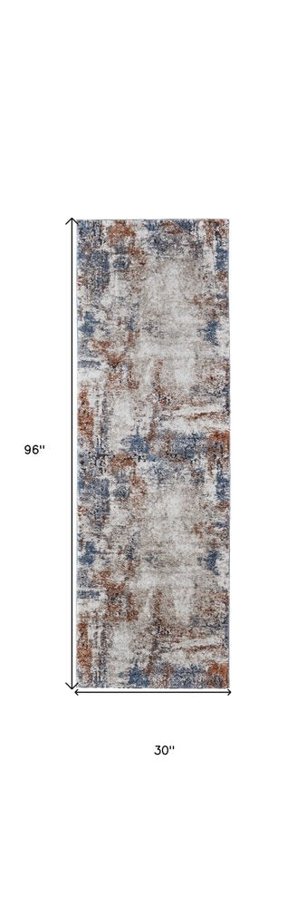5' X 8' Blue Gray and Brown Abstract Power Loom Worn Faded Area Rug