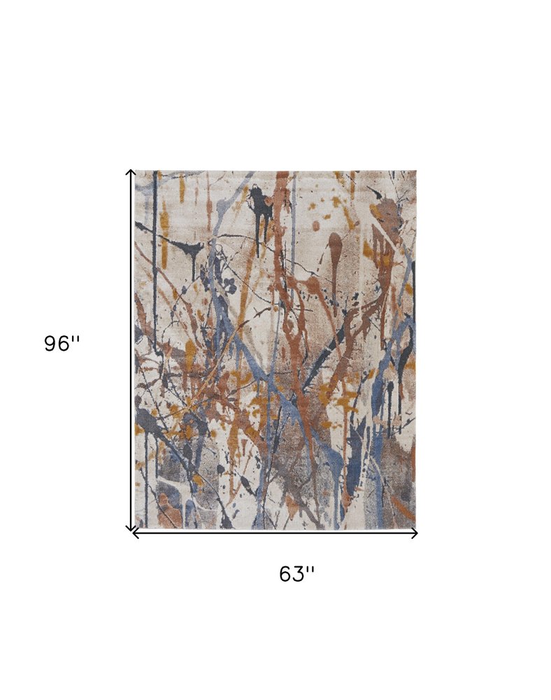 5' X 8' Ivory Blue and Brown Abstract Power Loom Area Rug