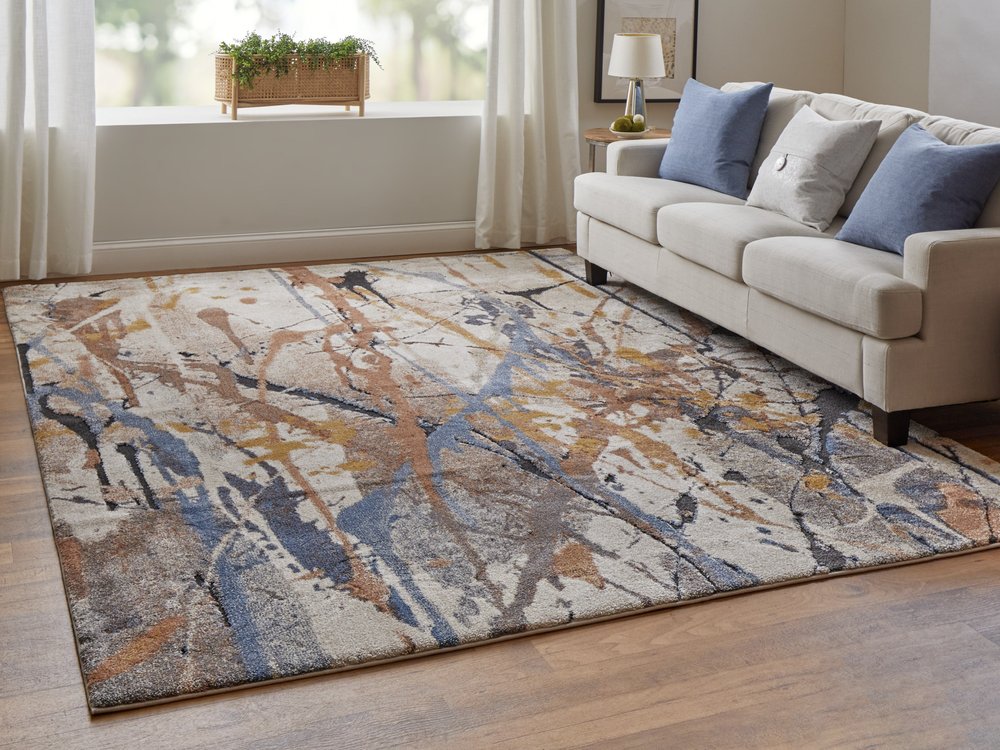 5' X 8' Ivory Blue and Brown Abstract Power Loom Area Rug