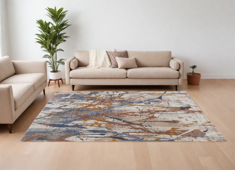 5' X 8' Ivory Blue and Brown Abstract Power Loom Area Rug