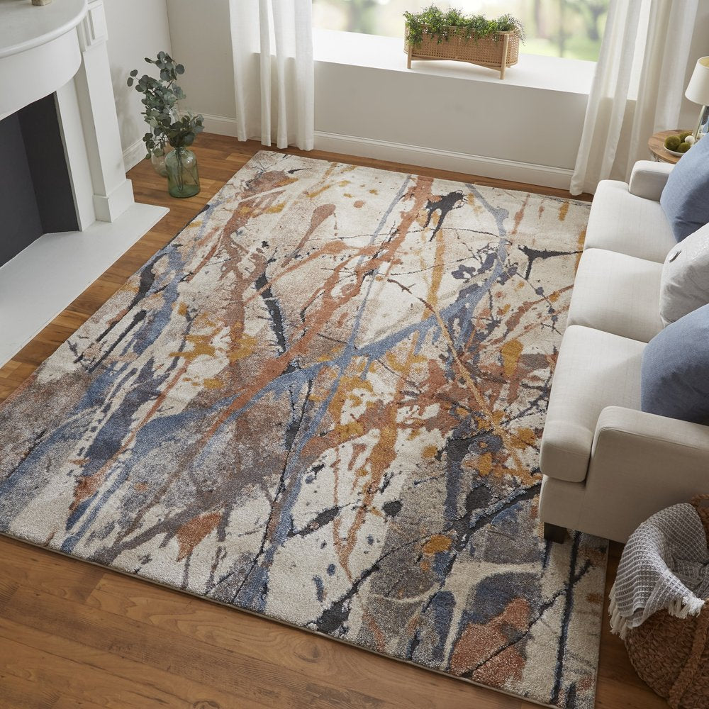 5' X 8' Ivory Blue and Brown Abstract Power Loom Area Rug