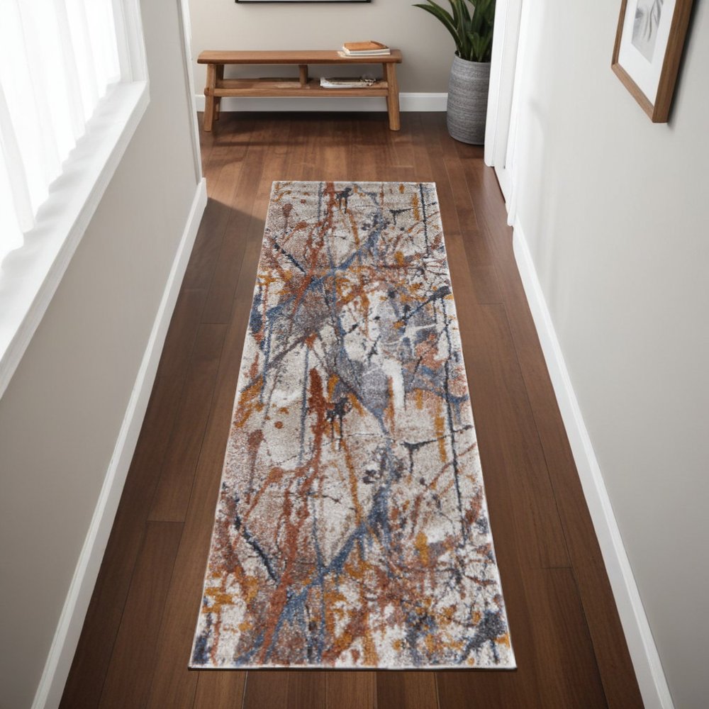 5' X 8' Ivory Blue and Brown Abstract Power Loom Area Rug